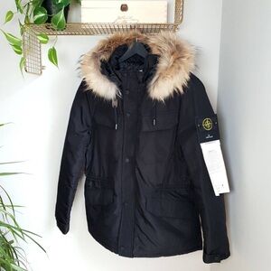 Stone Island Black Puffer Jacket with Fur Hood